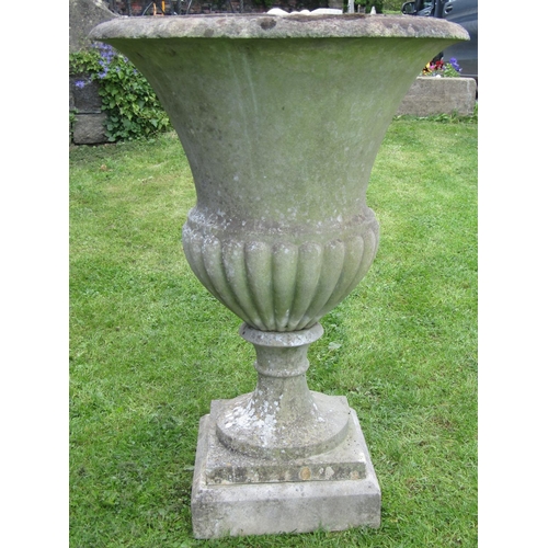 2083 - A pair of good quality weathered cast composition stone Campana shaped garden urns with flared rims ... 