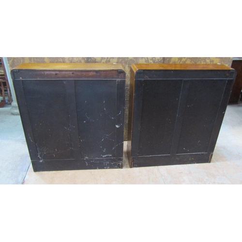 2182 - A pair of early 20th century walnut floorstanding dwarf side cabinets/bookcases with inlaid crossban... 