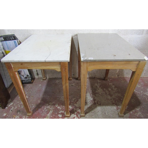 2442 - A pair of stripped pine side tables on square cut supports with marble top, 76cm wide