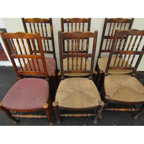 2507 - A set of six spindle back dining chairs (four with rush seats) together with a further set of six 19... 