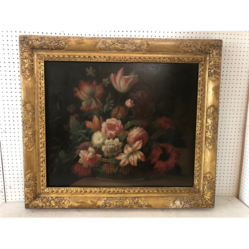 62 - Dutch School, 19th Century - Still life with basket of flowers, oil on canvas, unsigned, framers lab... 