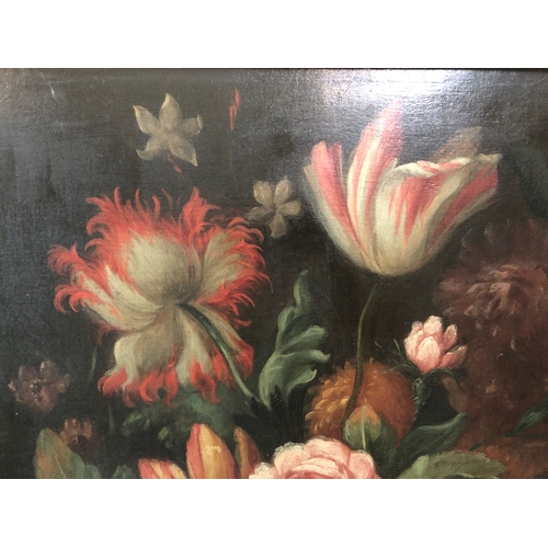 62 - Dutch School, 19th Century - Still life with basket of flowers, oil on canvas, unsigned, framers lab... 