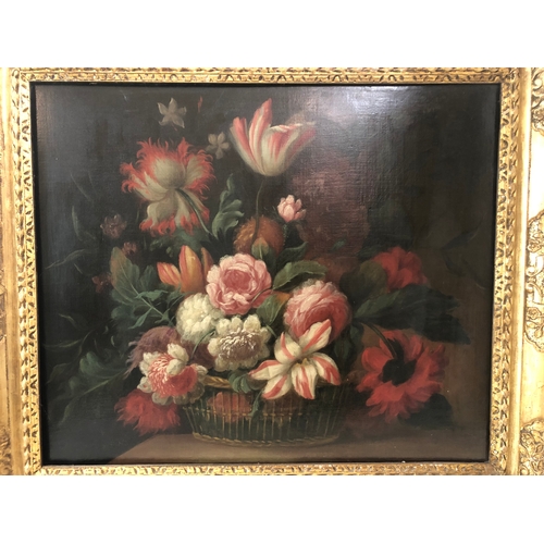 62 - Dutch School, 19th Century - Still life with basket of flowers, oil on canvas, unsigned, framers lab... 