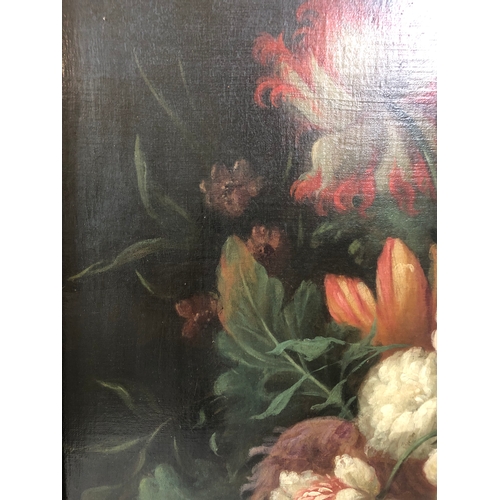 62 - Dutch School, 19th Century - Still life with basket of flowers, oil on canvas, unsigned, framers lab... 