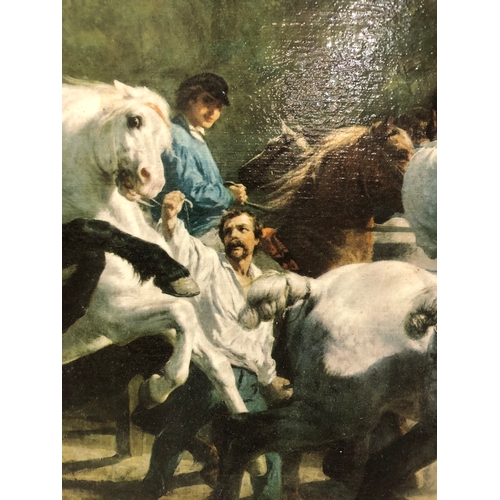 64 - After Rosa Bonheur (1822-1899) - 'The Horse Fair', vintage print in colours on canvas, 89 x 43 cm, f... 