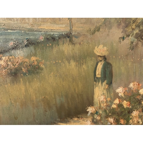 66 - Mid-20th Century School - Summer scene with lady wearing a hat amongst flowers, indistinctly signed ... 