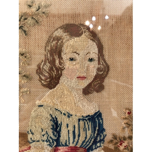 72 - 19th century tapestry of a girl in a blue dress sitting on a cushion holding roses, in a gilt frame ... 