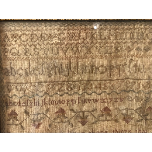 74 - 19th century needlework sampler by Rachel Smith who worked on this sampler in 1831, 30 x 28.5 cm, gl... 