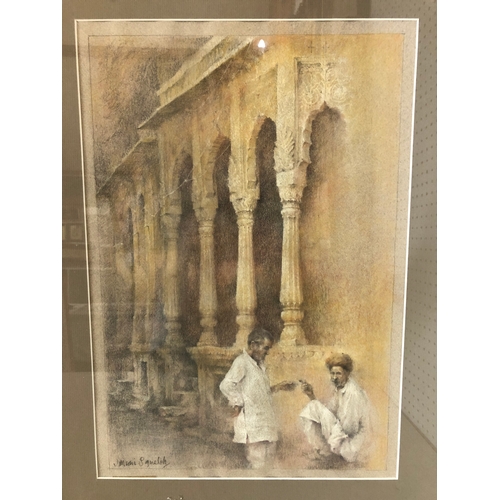 76 - Three artworks to include: Jillian Squelch - Two men standing the arched columns, chalk on brown pap... 