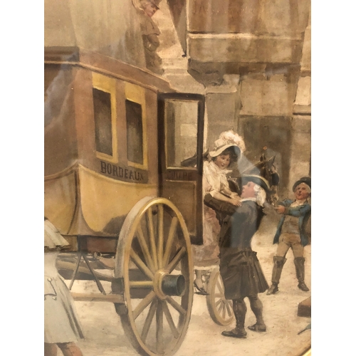 101 - Two framed prints, to include: French 19th century scene of ladies and gentlemen exiting a carriage ... 