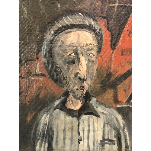 107 - 20th Century School - Quarter portrait of a holocaust prisoner, oil on canvas, unsigned with indisti... 