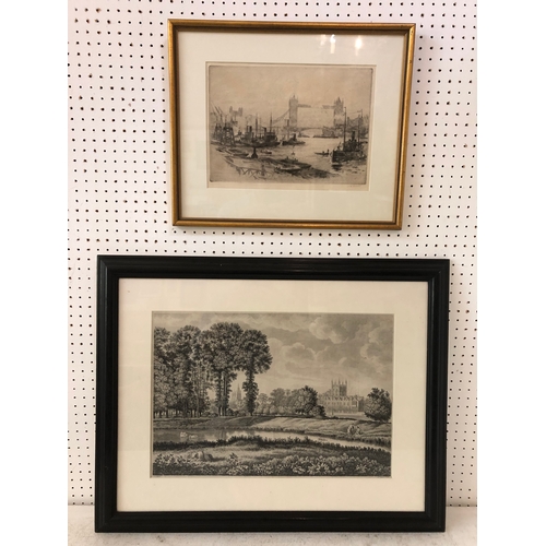 114 - Two framed engravings and etchings to include: Stanley Charles Rowles (20th century) - 'Tower Bridge... 