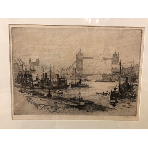 114 - Two framed engravings and etchings to include: Stanley Charles Rowles (20th century) - 'Tower Bridge... 