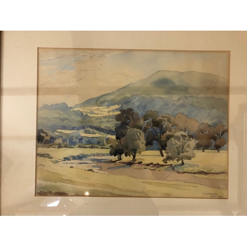 120 - Four framed 19-20th century prints and paintings, to include: V. S. Barnes - Hills and Trees, waterc... 