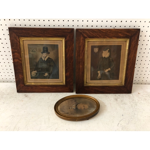 124 - Six framed 19th-20th century prints and a miniature portrait, to include: Pair of tinted stipple eng... 