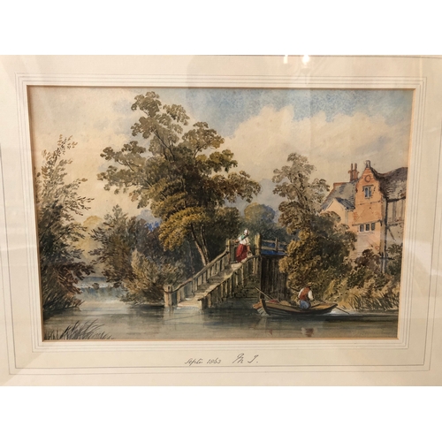 147A - Six framed watercolours, prints and a drawing, to include: 19th century English School - River scene... 