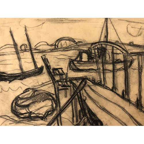 150 - Martin Bloch (1883-1954) - Wooden Jetty on the Water, charcoal on brown paper, signed below, 22.5 x ... 