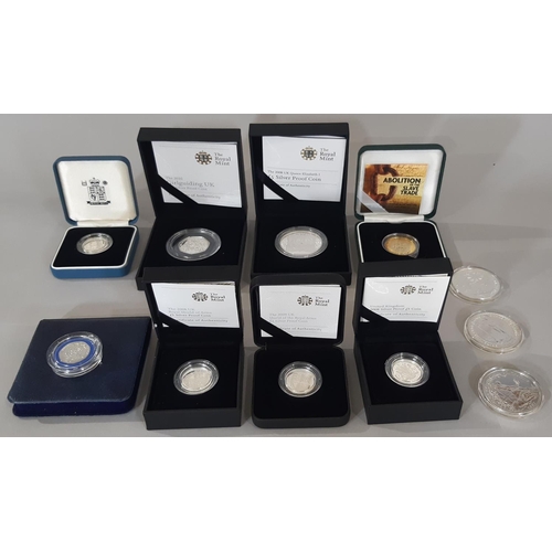 1833 - Collection of silver proof coinage 2008 £5 coin, 2007, 2008 x 2, 2009 £1 coins, 2007 £2 coin, Piedfo... 