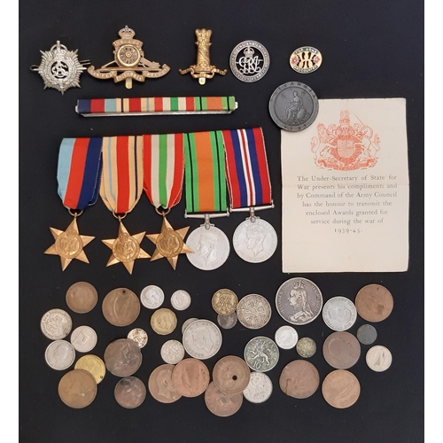 1846 - 39-45 Africa and Italy Star, 39-45 War & Defence medal, cap badges 1890 silver crown coin and sundry... 