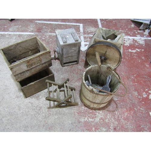 Agricultural interest - A mixed group of weathered wooden effects to include an iron banded pail, etc