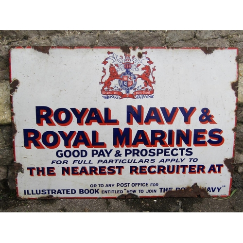 2082 - An old rectangular enamel sign advertising Royal Navy and Royal Marines, 86cm x 61cm (af)