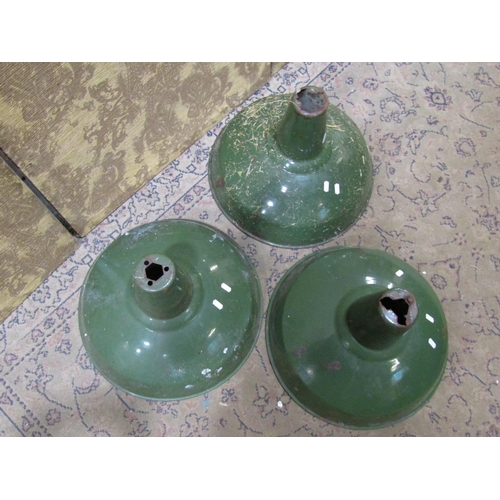 2121 - Three vintage green and cream enamel pendant light shades 46 cm diameter x 32 cm (full height) (af)