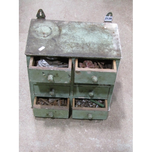 2139 - A small old painted pine wall mounted chest of eight small drawers 36 cm wide x 21 cm deep x 34 cm h... 