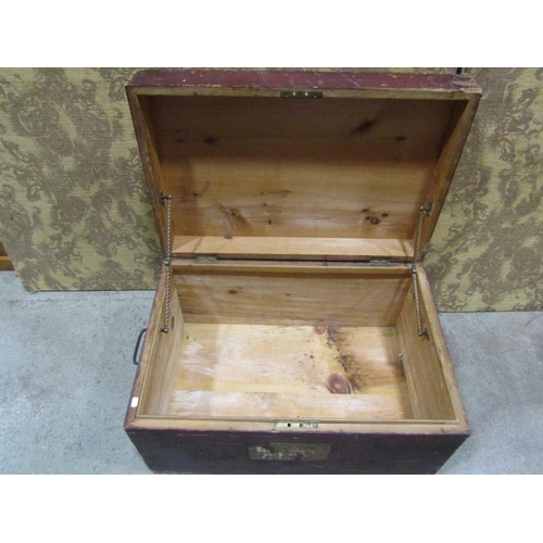 2149 - An old stained pine box with hinged lid and iron work drop side carrying handles 81 cm long x 54 cm ... 