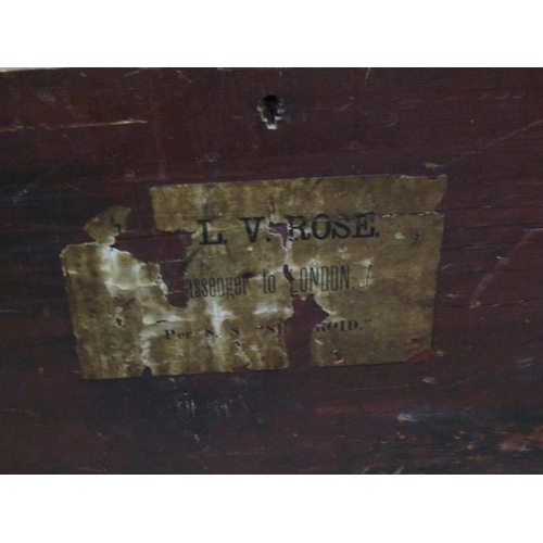 2149 - An old stained pine box with hinged lid and iron work drop side carrying handles 81 cm long x 54 cm ... 