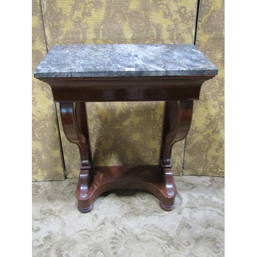 2183 - A small mahogany console/pier table with loose rectangular marble top over a frieze drawer and scrol... 