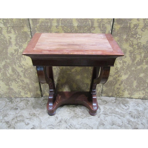 2183 - A small mahogany console/pier table with loose rectangular marble top over a frieze drawer and scrol... 