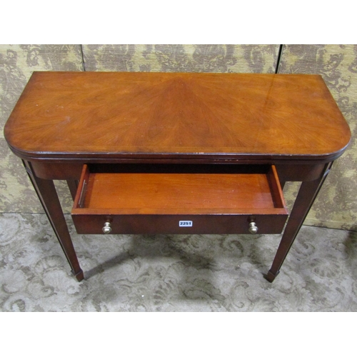 2251 - A Multi York D end fold over top tea table with frieze drawer on square taper legs with spade feet