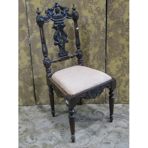 2288 - 19th century walnut side chair with heavily carved frame and upholstered seat on tapering supports