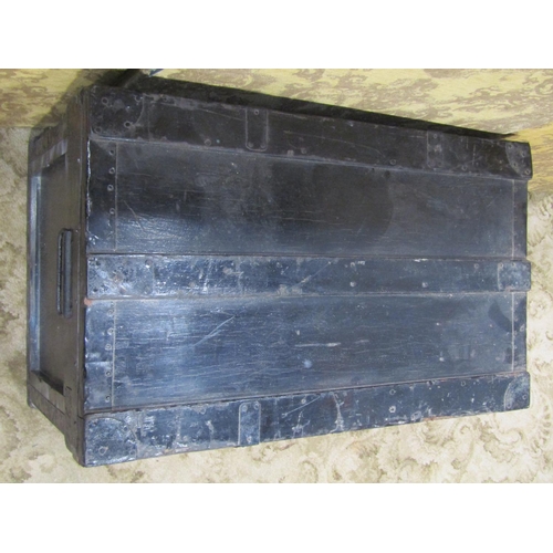 2148 - A vintage stained tin  lined chest with hinged lid and re-enforced overlaid steel fittings, 84 cm lo... 