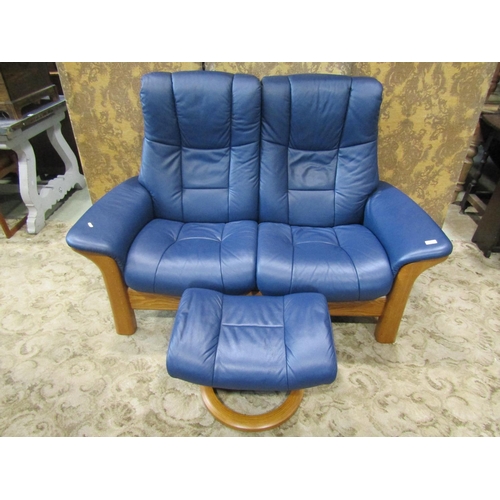 2163 - A Stressless Windsor high back two seat sofa in Paloma Oxford blue leather and beechwood together wi... 