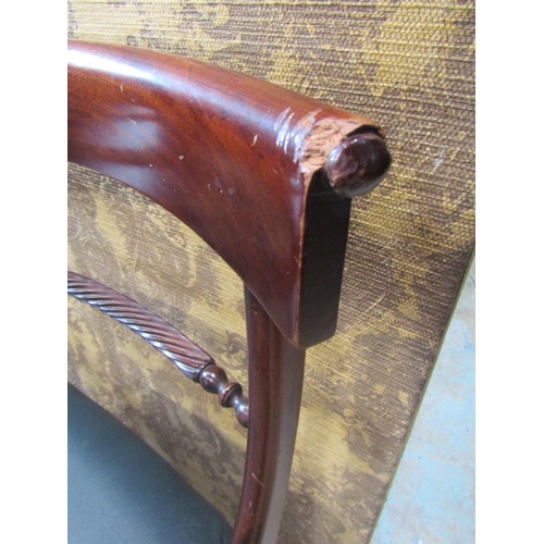 2168 - A set of ten Regency style mahogany curved bar back dining chairs with rope twist rails and upholste... 