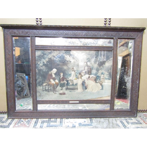 2407 - An Edwardian overmantle mirror the central panel showing a Victorian garden scene- chip off the old ... 