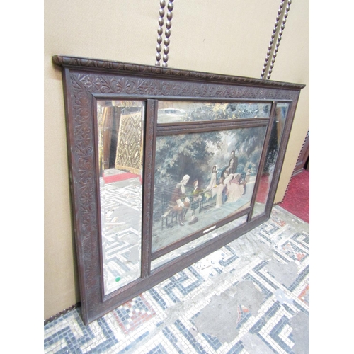 2407 - An Edwardian overmantle mirror the central panel showing a Victorian garden scene- chip off the old ... 