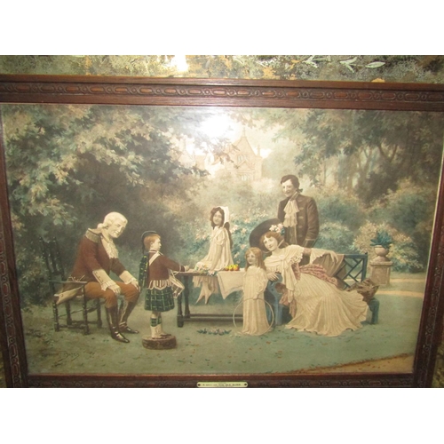 2407 - An Edwardian overmantle mirror the central panel showing a Victorian garden scene- chip off the old ... 