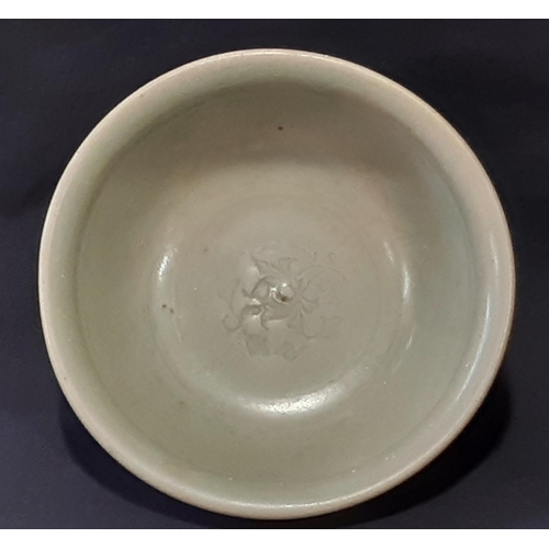 1072A - Small 19th century or earlier Chinese Celadon glazed footed bowl with internal incised motif. Height... 