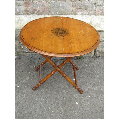 2336 - Late 19th century folding occasional table, circular top with stencilled detail on turned supports 6... 