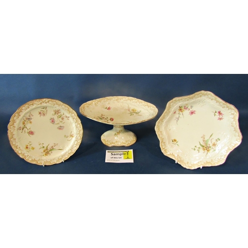 1104 - A late 19th century dessert set with printed and infilled floral detail comprising high comport, two... 