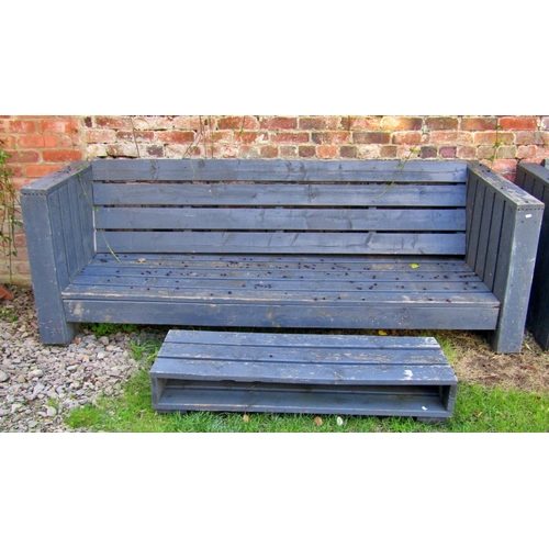 2042 - A painted and weathered three seat garden bench and matching low stool/table, bespoke made from gard... 