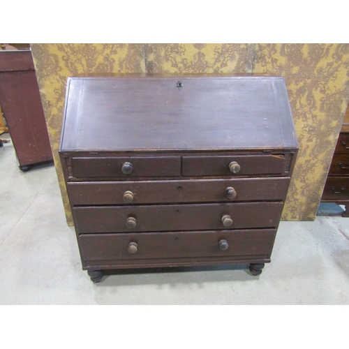 2239 - A George III pine bureau, with original stained finish, fitted with three long and two short drawers... 