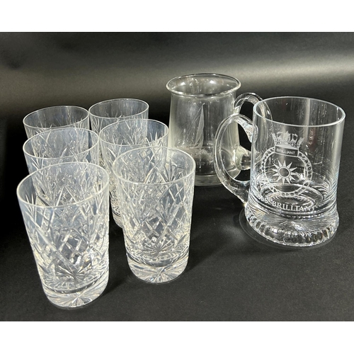 1129 - A mixed selection of wine glasses, tumblers, tankards, including four Waterford wine glasses.