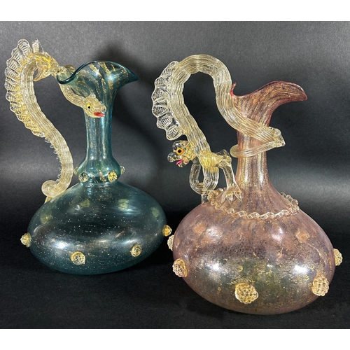 1131 - A Murano glass wine carafe in the form of a galleon, a Murano glass dolphin, two Murano glass jugs w... 