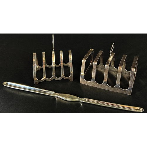 1172 - Two silver toast racks both English hallmarked and a silver plated marrow scoop, 3.8 oz approx  (3)