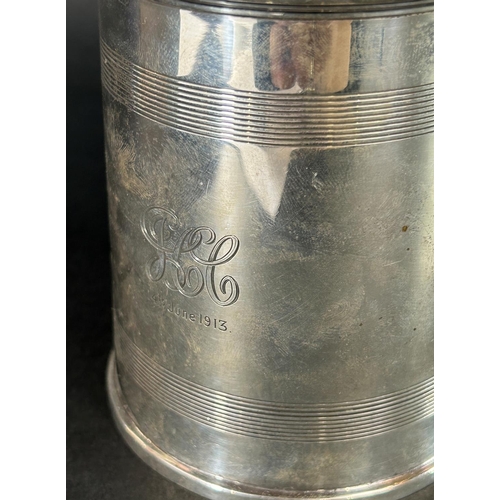 1177 - A silver pint tankard with monogram dated the 14th June 1913, Birmingham 1912, maker A & J Zimmerman... 