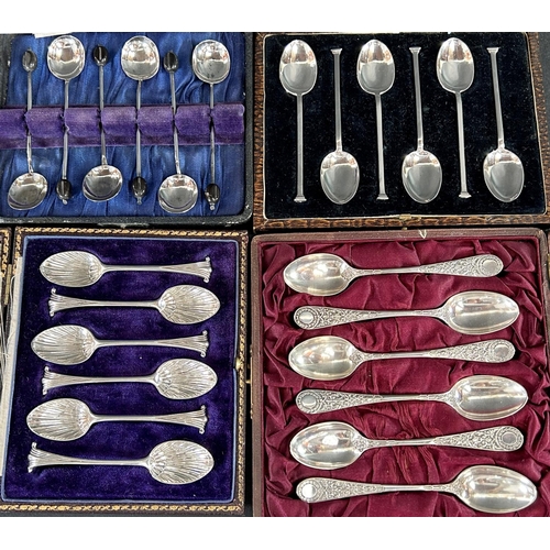 A cased set of six Goldsmiths & Silversmiths coffee spoons with shell bowls, circa 1890s and three further boxed sets of six coffee spoons, 6.6 ozs approx