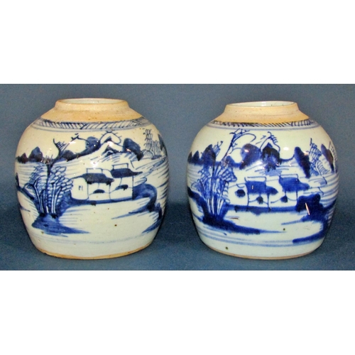 1041 - A pair oF Chinese export blue and white ceramic ginger jars, each decorated with landscapes detailin... 